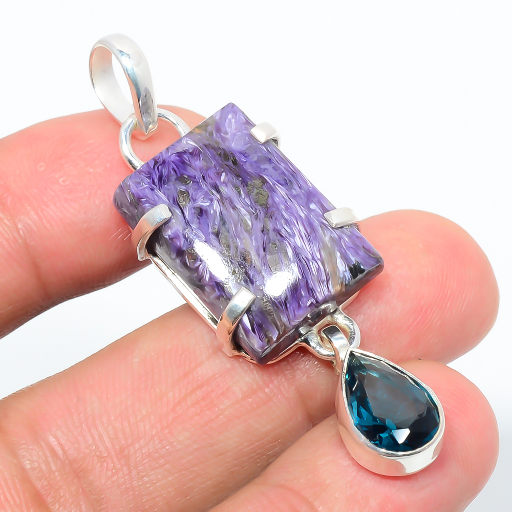 Charoite & Sapphire 925 Sterling Silver Pendant, Handmade Pendant, Baguette Pendant, Purple Pendant, Unique Silver Pendant, Fine Pendant, Silver Jewelry Pendant