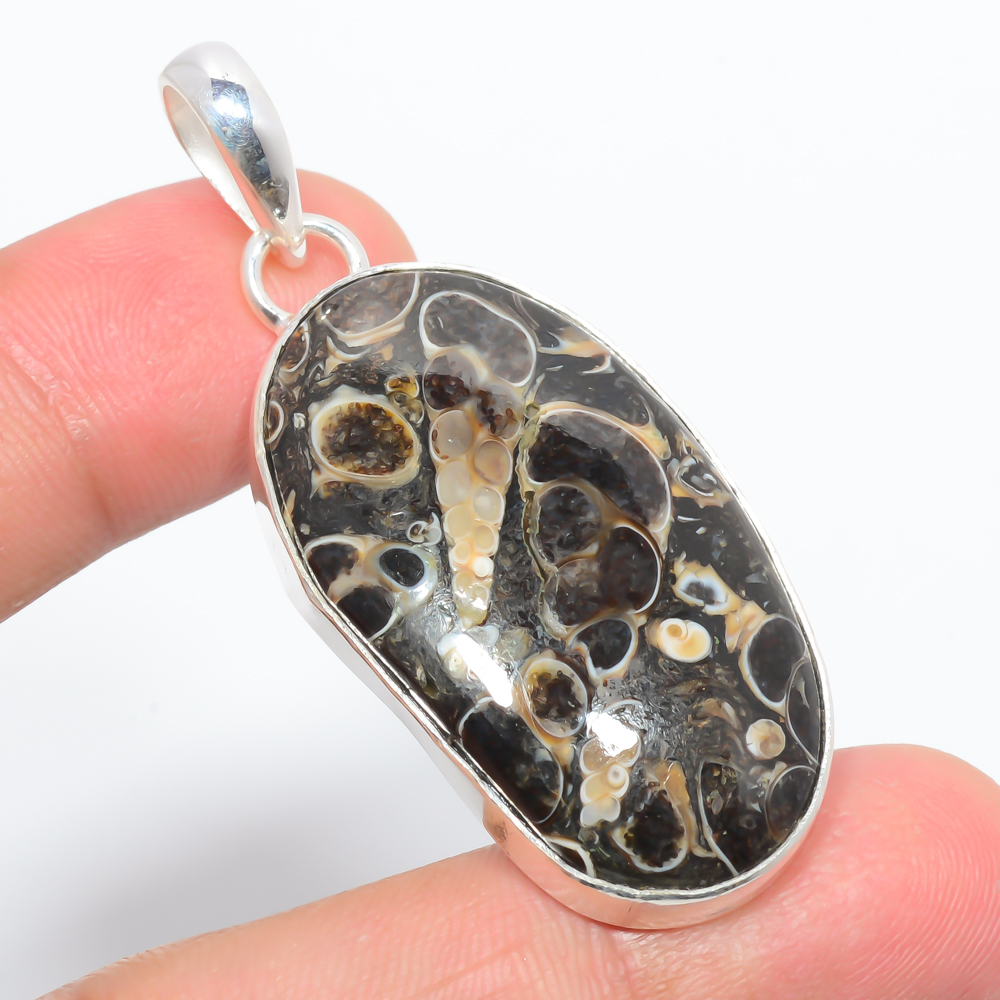 Turritella Fossil Agate 925 Sterling Silver Pendant, Handmade Pendant, Oval Pendant, Brown Pendant, Unique Silver Pendant, Fine Pendant, Silver Jewelry Pendant