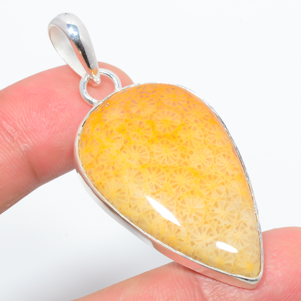 Fossil Coral 925 Sterling Silver Pendant, Handmade Pendant, Pear Pendant, Yellow Pendant, Unique Silver Pendant, Fine Pendant, Silver Jewelry Pendant