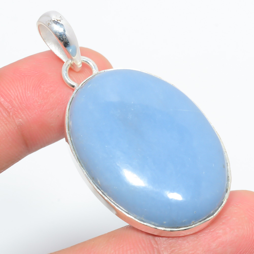 Angelite Jasper 925 Sterling Silver Pendant, Handmade Pendant, Oval Pendant, Blue Pendant, Unique Silver Pendant, Fine Pendant, Silver Jewelry Pendant
