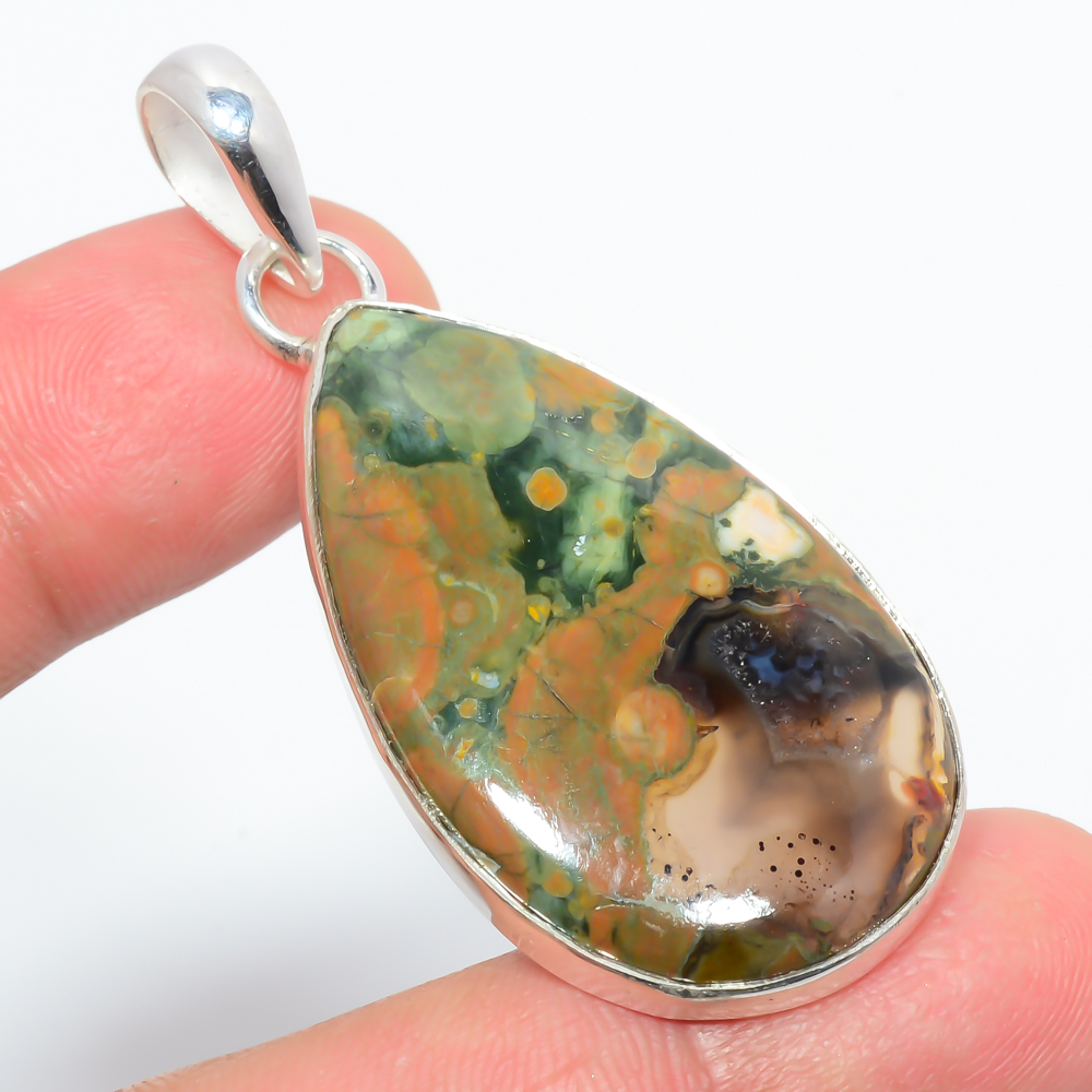 Rainforest Jasper 925 Sterling Silver Pendant, Handmade Pendant, Pear Pendant, Green Pendant, Unique Silver Pendant, Fine Pendant, Silver Jewelry Pendant