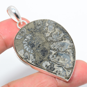 Lamberti Pyrite Ammonite Fossil 925 Sterling Silver Pendant, Handmade Pendant, Pear Pendant, Brown Pendant, Unique Silver Pendant, Fine Pendant, Silver Jewelry Pendant