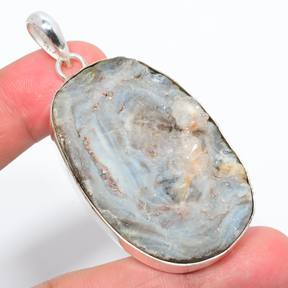 Desert Rose Drusy 925 Sterling Silver Pendant, Handmade Pendant, Oval Pendant, Silver Pendant, Unique Silver Pendant, Fine Pendant, Silver Jewelry Pendant