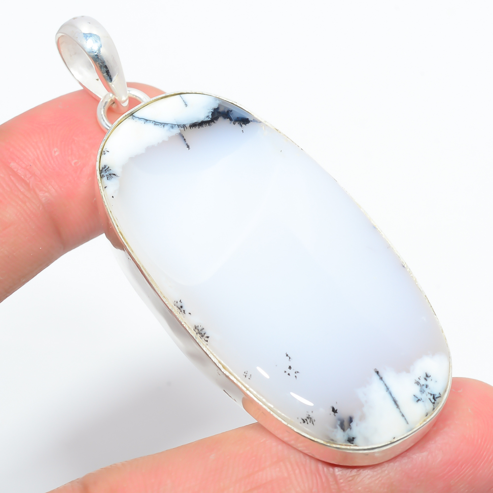 Dendritic Opal 925 Sterling Silver Pendant, Handmade Pendant, Oval Pendant, White Pendant, Unique Silver Pendant, Fine Pendant, Silver Jewelry Pendant