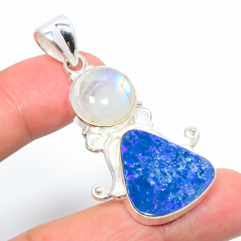 Doublet Fire Opal & Moonstone 925 Sterling Silver Pendant, Handmade Pendant, Trillion Pendant, Blue Pendant, Unique Silver Pendant, Fine Pendant, Silver Jewelry Pendant