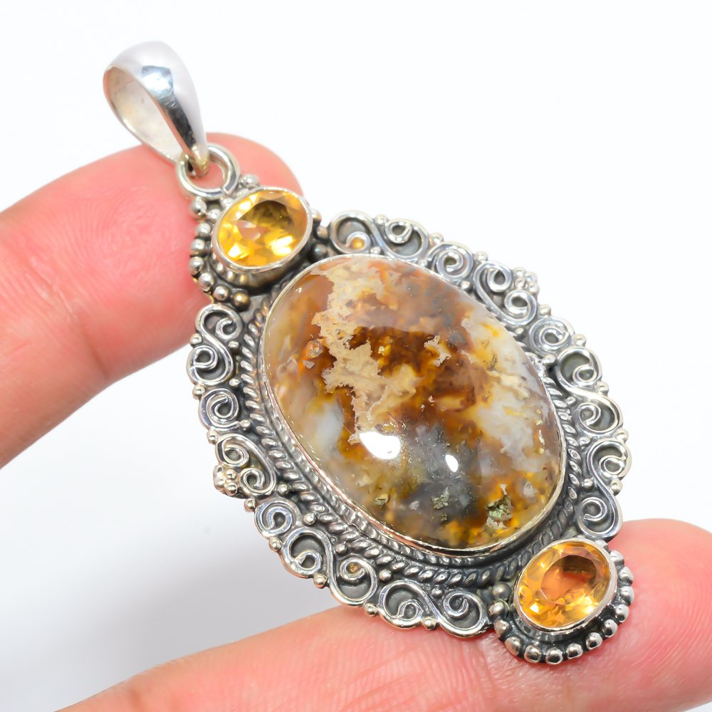 Plume Agate & Citrine 925 Sterling Silver Pendant, Handmade Pendant, Oval Pendant, Yellow Pendant, Unique Silver Pendant, Fine Pendant, Silver Jewelry Pendant
