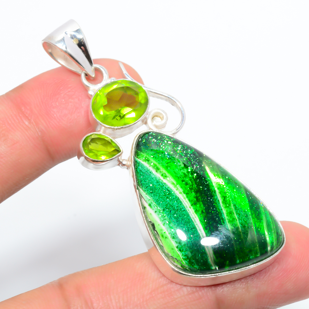 Dichroic Glass & Peridot 925 Sterling Silver Pendant, Handmade Pendant, Trillion Pendant, Green Pendant, Unique Silver Pendant, Fine Pendant, Silver Jewelry Pendant