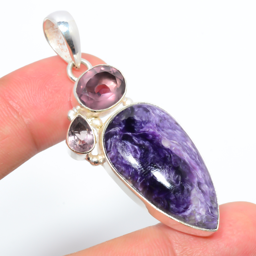 Charoite & Amethyst 925 Sterling Silver Pendant, Handmade Pendant, Pear Pendant, Purple Pendant, Unique Silver Pendant, Fine Pendant, Silver Jewelry Pendant