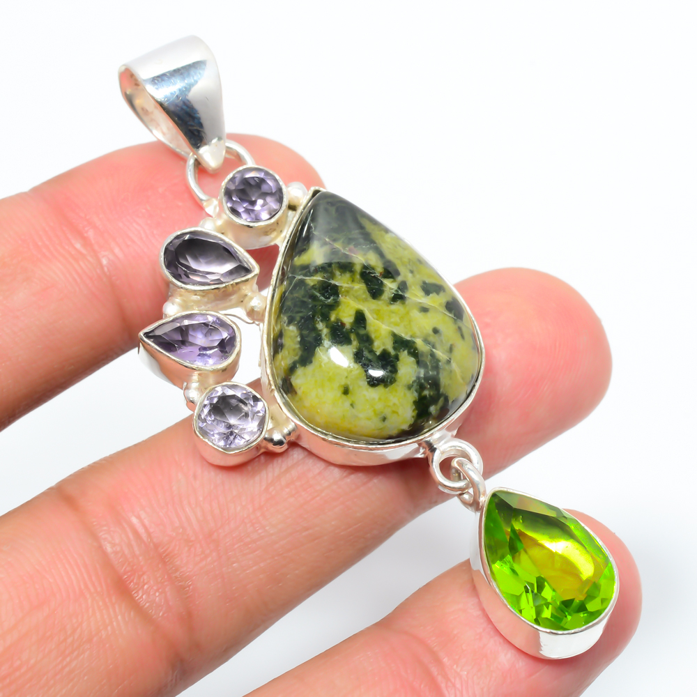 Atlantisite Stichite & Peridot 925 Sterling Silver Pendant, Handmade Pendant, Pear Pendant, Green Pendant, Unique Silver Pendant, Fine Pendant, Silver Jewelry Pendant