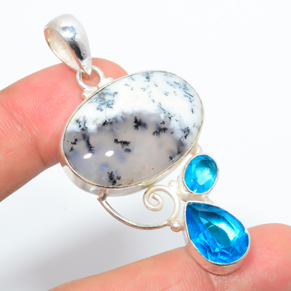 Dendritic Opal & Blue Topaz 925 Sterling Silver Pendant, Handmade Pendant, Oval Pendant, White Pendant, Unique Silver Pendant, Fine Pendant, Silver Jewelry Pendant