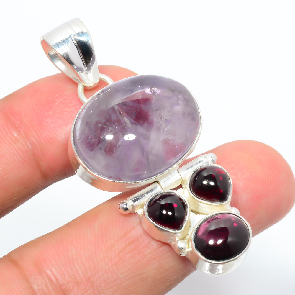 Amethyst & Garnet - Mozambique 925 Sterling Silver Pendant, Handmade Pendant, Oval Pendant, Purple Pendant, Unique Silver Pendant, Fine Pendant, Silver Jewelry Pendant