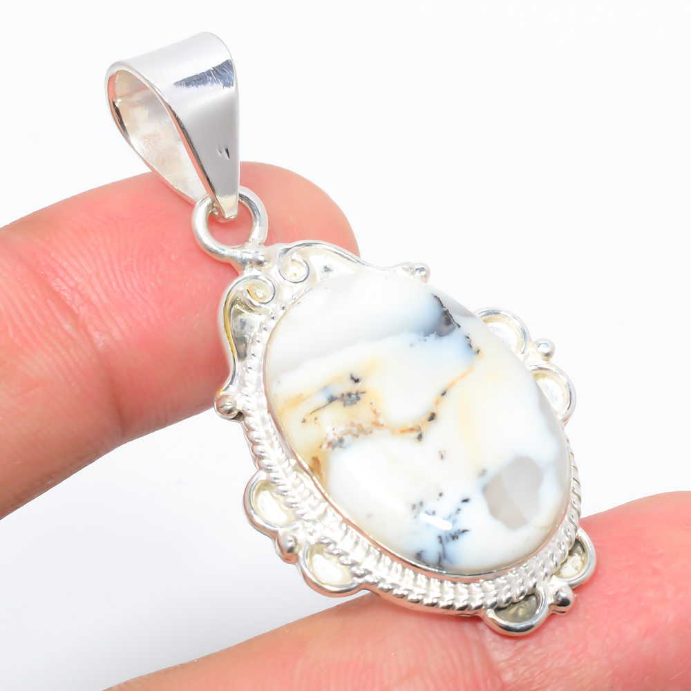 Dendritic Opal 925 Sterling Silver Pendant, Handmade Pendant, Oval Pendant, White Pendant, Unique Silver Pendant, Fine Pendant, Silver Jewelry Pendant