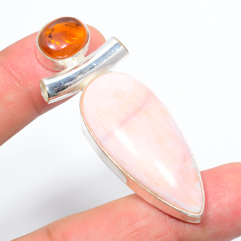 Baby Pink Opal & Baltic Amber 925 Sterling Silver Pendant, Handmade Pendant, Pear Pendant, Pink Pendant, Unique Silver Pendant, Fine Pendant, Silver Jewelry Pendant
