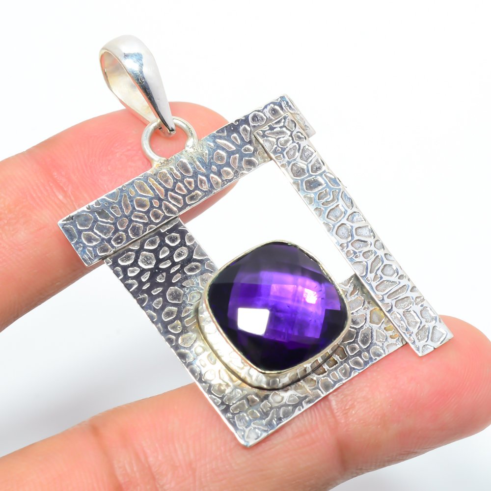 Amethyst 925 Sterling Silver Pendant, Handmade Pendant, Cushion Pendant, Purple Pendant, Unique Silver Pendant, Fine Pendant, Silver Jewelry Pendant