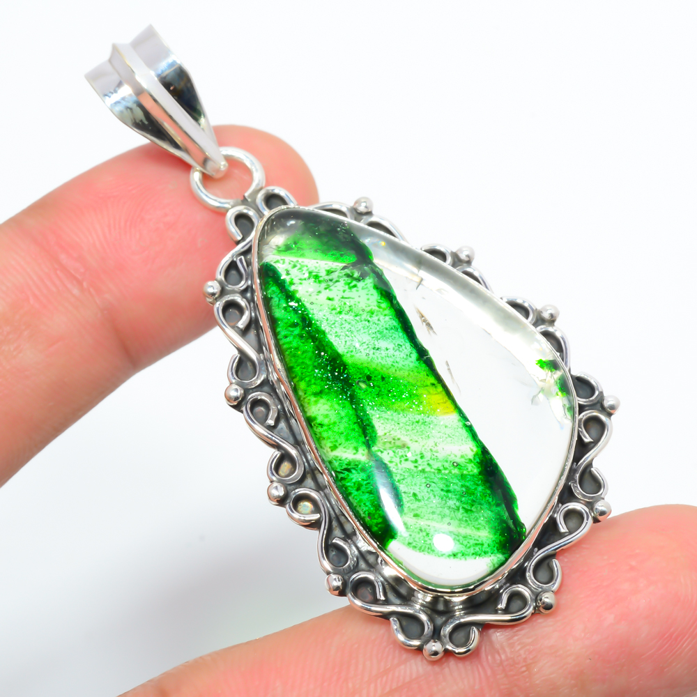 Dichroic Glass 925 Sterling Silver Pendant, Handmade Pendant, Trillion Pendant, Green Pendant, Unique Silver Pendant, Fine Pendant, Silver Jewelry Pendant