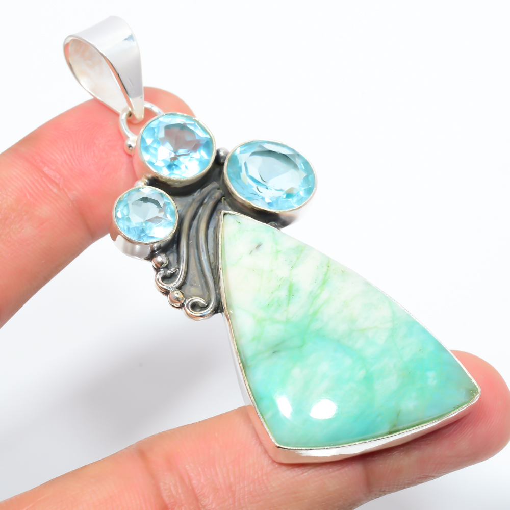 Amazonite & Blue Topaz 925 Sterling Silver Pendant, Handmade Pendant, Trillion Pendant, Green Pendant, Unique Silver Pendant, Fine Pendant, Silver Jewelry Pendant