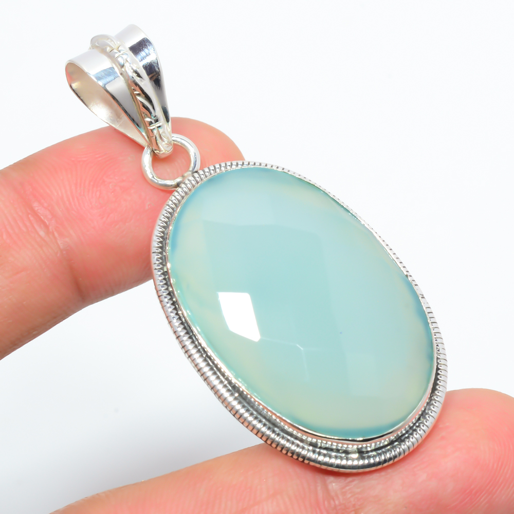 Chalcedony 925 Sterling Silver Pendant, Handmade Pendant, Oval Pendant, Blue Pendant, Unique Silver Pendant, Fine Pendant, Silver Jewelry Pendant