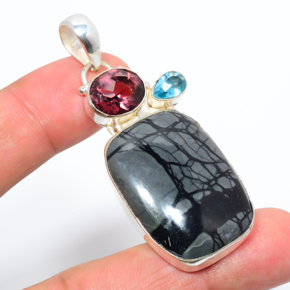 Picasso Jasper & Amethyst- 925 Sterling Silver Pendant, Handmade Pendant, Cushion Pendant, Black Pendant, Unique Silver Pendant, Fine Pendant, Silver Jewelry Pendant