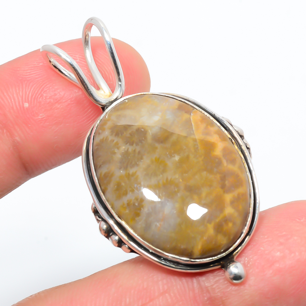 Fossil Coral 925 Sterling Silver Pendant, Handmade Pendant, Oval Pendant, Yellow Pendant, Unique Silver Pendant, Fine Pendant, Silver Jewelry Pendant