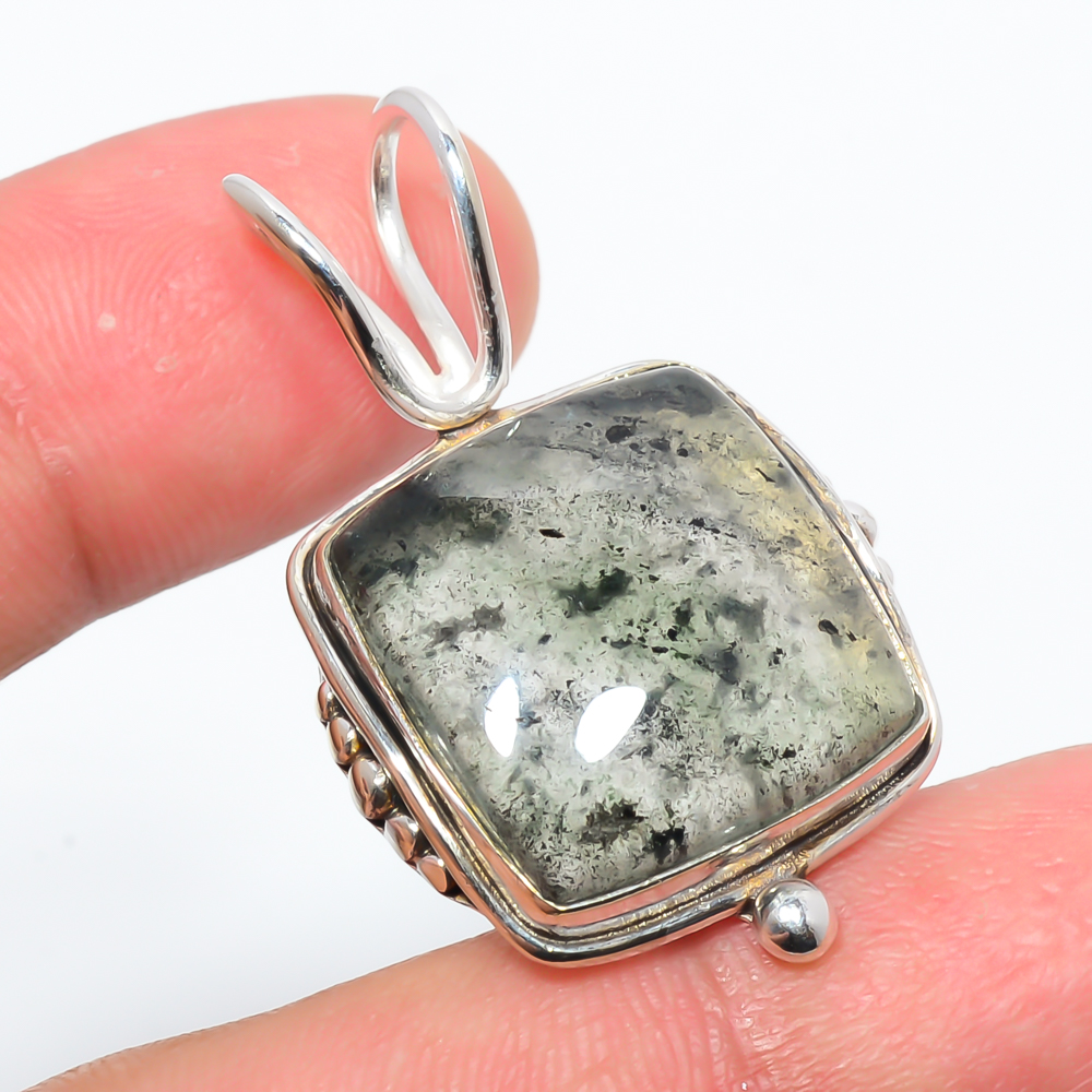 Black Moss Quartz 925 Sterling Silver Pendant, Handmade Pendant, Cushion Pendant, Black Pendant, Unique Silver Pendant, Fine Pendant, Silver Jewelry Pendant