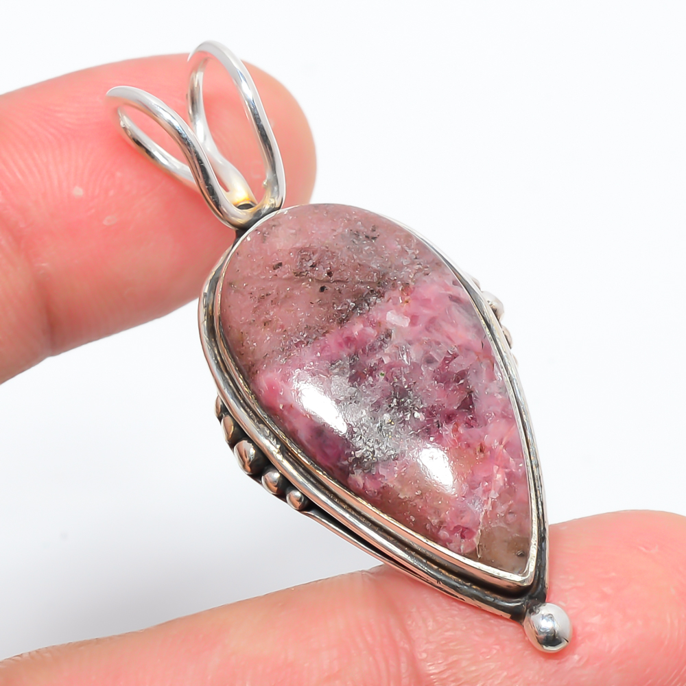 Black Manganese In Rhodonite 925 Sterling Silver Pendant, Handmade Pendant, Pear Pendant, Pink Pendant, Unique Silver Pendant, Fine Pendant, Silver Jewelry Pendant