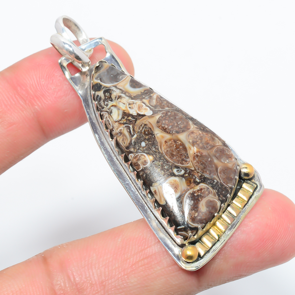 Turritella Fossil Agate 925 Sterling Silver Pendant, Handmade Pendant, Trillion Pendant, Brown Pendant, Unique Silver Pendant, Fine Pendant, Silver Jewelry Pendant