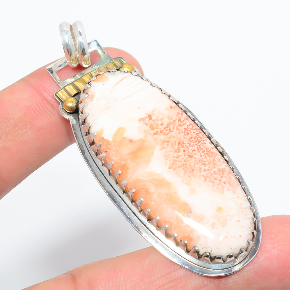 Scolecite 925 Sterling Silver Pendant, Handmade Pendant, Oval Pendant, Orange Pendant, Unique Silver Pendant, Fine Pendant, Silver Jewelry Pendant