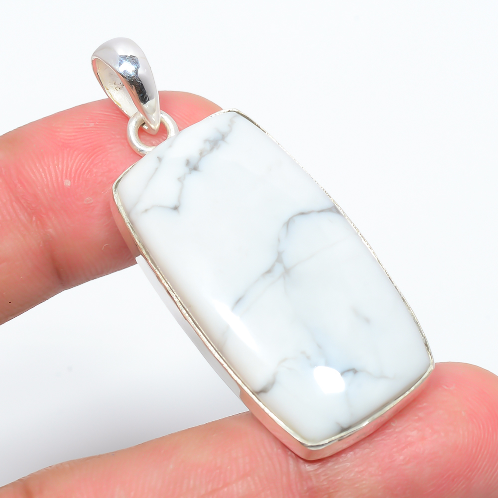 Howlite 925 Sterling Silver Pendant, Handmade Pendant, Baguette Pendant, White Pendant, Unique Silver Pendant, Fine Pendant, Silver Jewelry Pendant