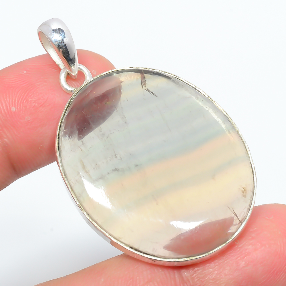 Fluorite 925 Sterling Silver Pendant, Handmade Pendant, Oval Pendant, Yellow Pendant, Unique Silver Pendant, Fine Pendant, Silver Jewelry Pendant