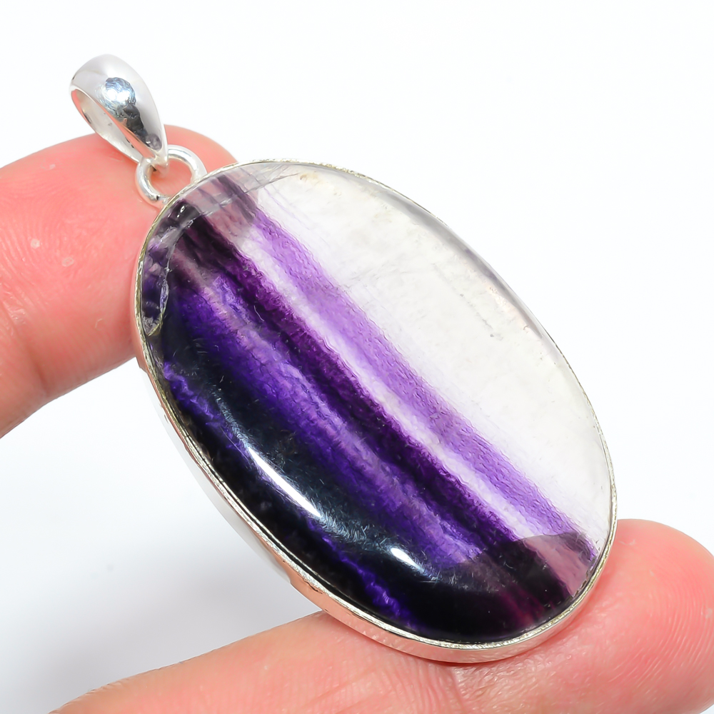 Fluorite 925 Sterling Silver Pendant, Handmade Pendant, Oval Pendant, Purple Pendant, Unique Silver Pendant, Fine Pendant, Silver Jewelry Pendant