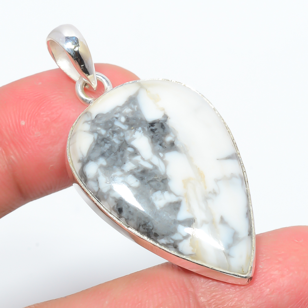 Howlite 925 Sterling Silver Pendant, Handmade Pendant, Pear Pendant, White Pendant, Unique Silver Pendant, Fine Pendant, Silver Jewelry Pendant