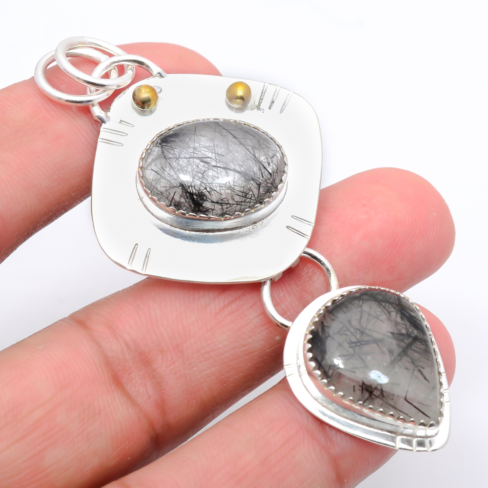 Black Rutilated Quartz 925 Sterling Silver Pendant, Handmade Pendant, Pear Pendant, Black Pendant, Unique Silver Pendant, Fine Pendant, Silver Jewelry Pendant