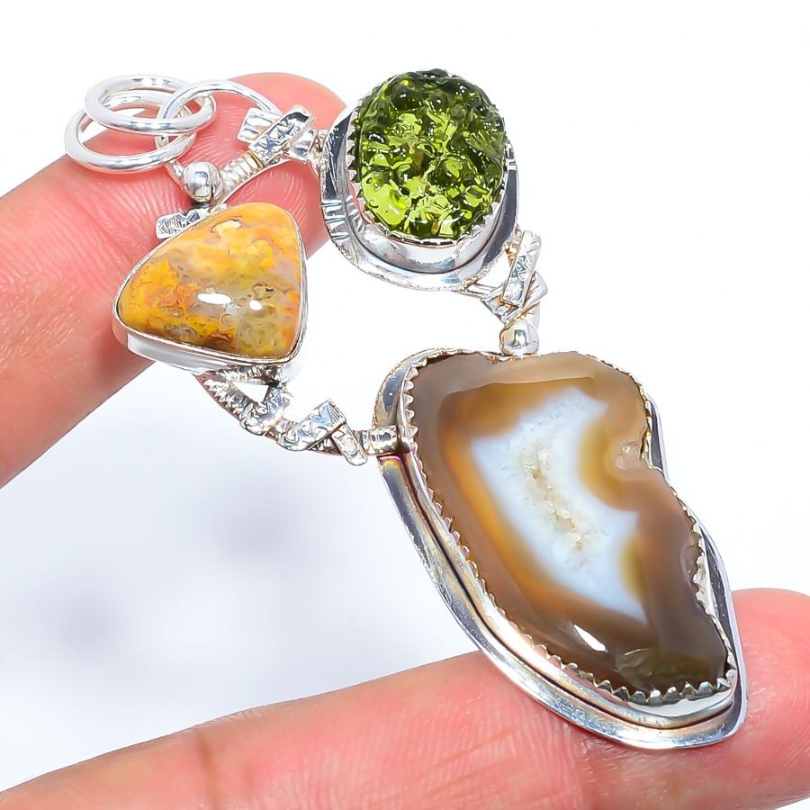 Geode Agate Drusy & Jasper 925 Sterling Silver Pendant, Handmade Pendant, Trillion Pendant, Yellow Pendant, Unique Silver Pendant, Fine Pendant, Silver Jewelry Pendant