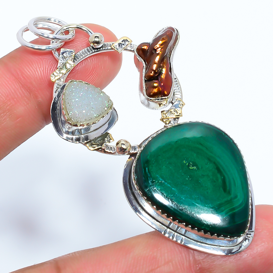 Malachite & Opalite Agate Druzy 925 Sterling Silver Pendant, Handmade Pendant, Pear Pendant, Green Pendant, Unique Silver Pendant, Fine Pendant, Silver Jewelry Pendant