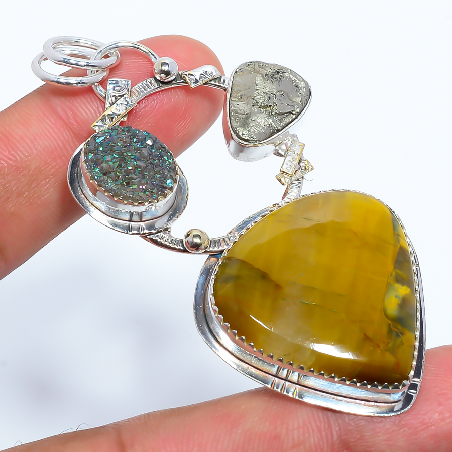 Nellite & Titanium Agate Drusy 925 Sterling Silver Pendant, Handmade Pendant, Pear Pendant, Yellow Pendant, Unique Silver Pendant, Fine Pendant, Silver Jewelry Pendant