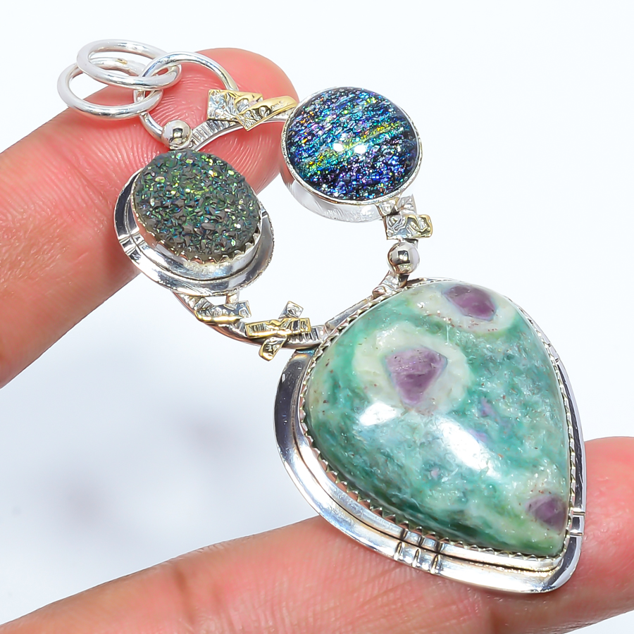 Ruby In Fuschite & Titanium Agate Drusy 925 Sterling Silver Pendant, Handmade Pendant, Pear Pendant, Green Pendant, Unique Silver Pendant, Fine Pendant, Silver Jewelry Pendant