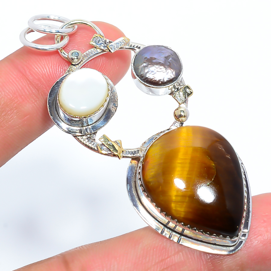 Yellow Tiger Eye & Pearl 925 Sterling Silver Pendant, Handmade Pendant, Pear Pendant, Yellow Pendant, Unique Silver Pendant, Fine Pendant, Silver Jewelry Pendant