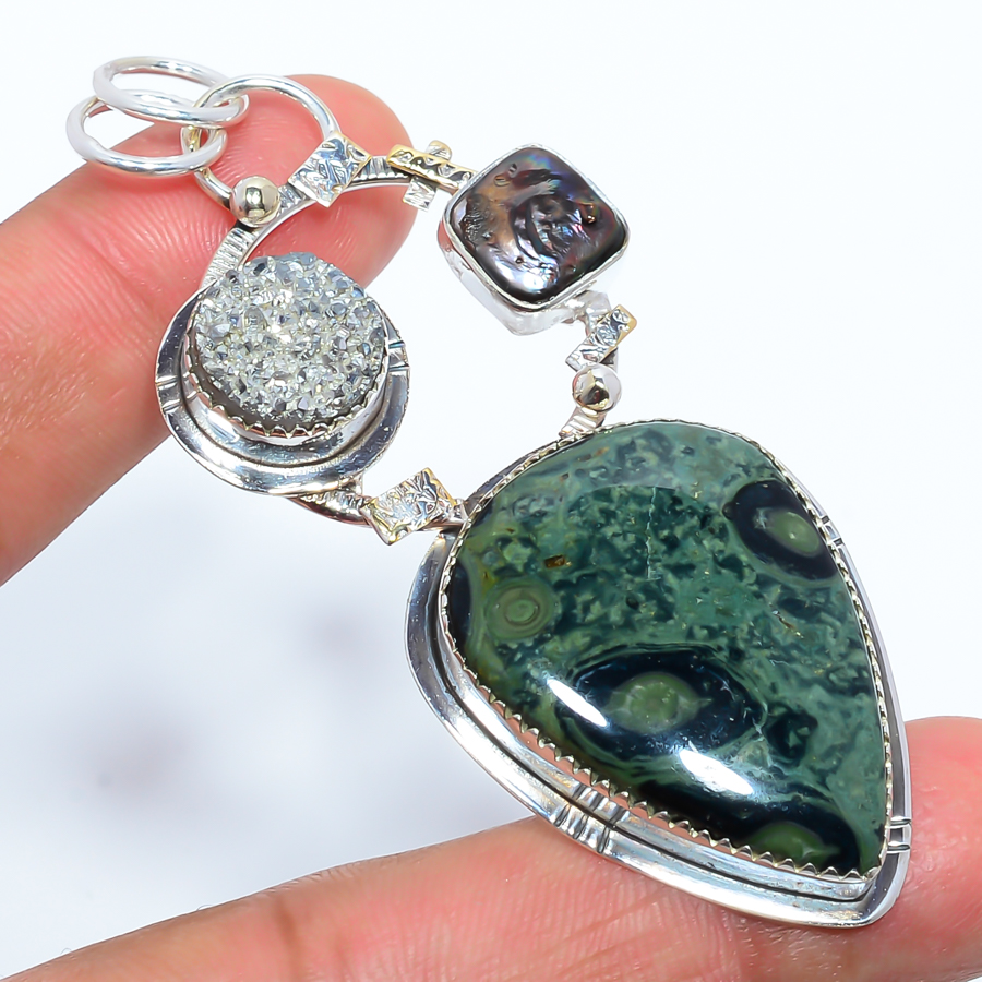 Star Galaxy Jasper & Silver Agate Drusy 925 Sterling Silver Pendant, Handmade Pendant, Pear Pendant, Green Pendant, Unique Silver Pendant, Fine Pendant, Silver Jewelry Pendant