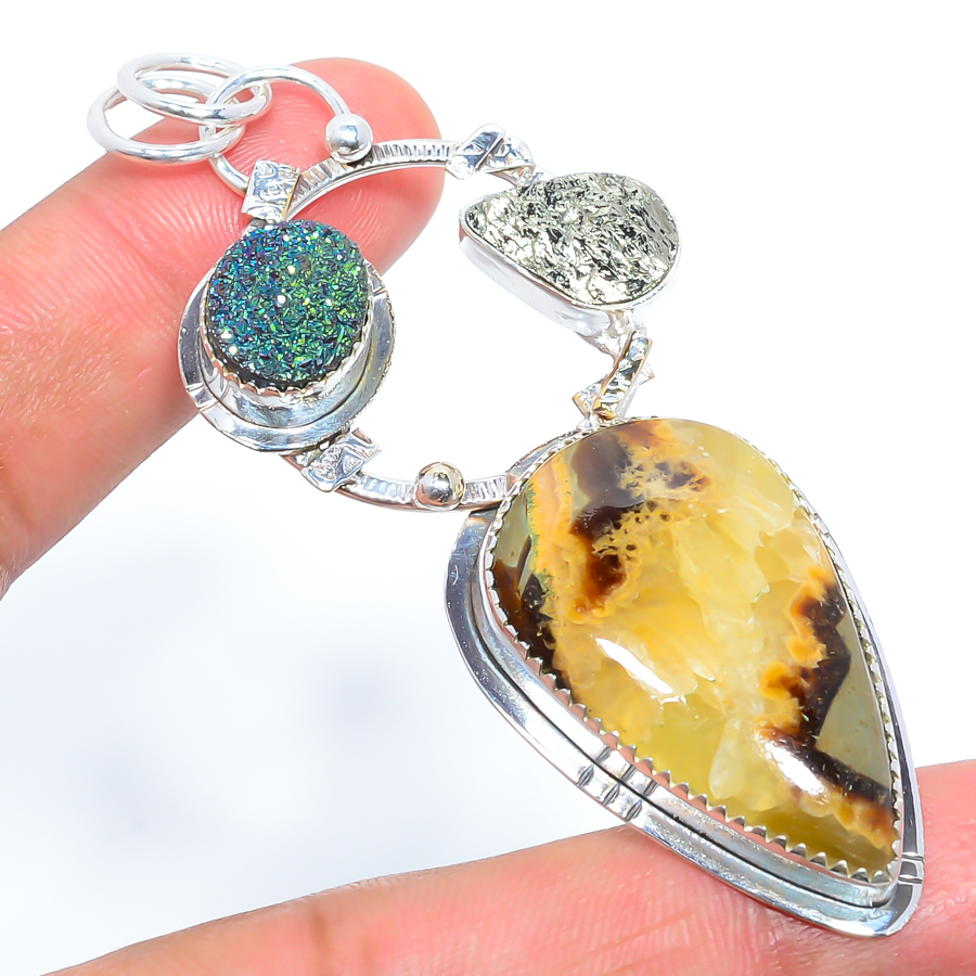 Septerian Stone & Titanium Agate Drusy 925 Sterling Silver Pendant, Handmade Pendant, Pear Pendant, Brown Pendant, Unique Silver Pendant, Fine Pendant, Silver Jewelry Pendant