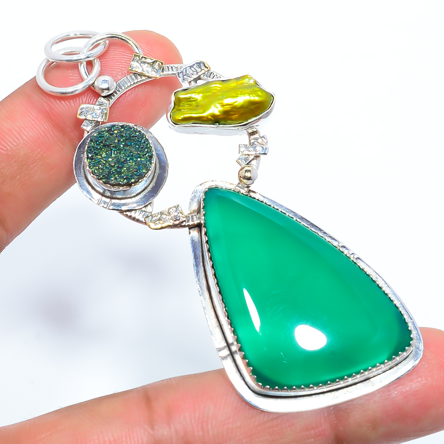 Green Onyx & Titanium Agate Drusy 925 Sterling Silver Pendant, Handmade Pendant, Trillion Pendant, Green Pendant, Unique Silver Pendant, Fine Pendant, Silver Jewelry Pendant
