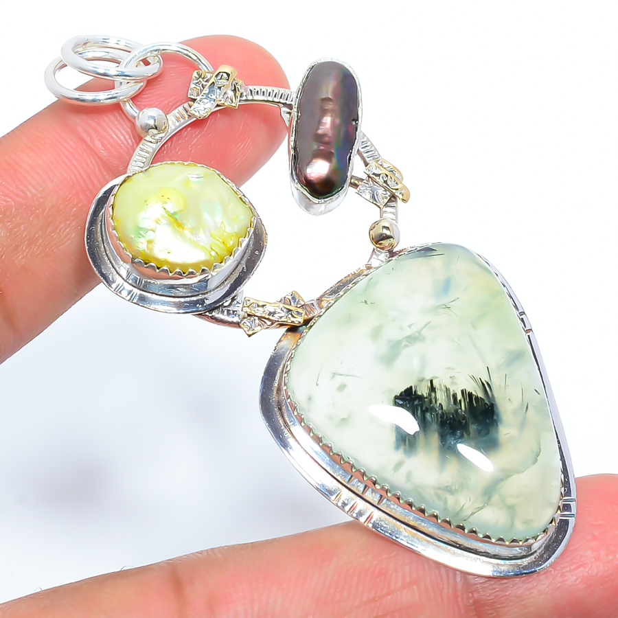 Moss Prehnite & Biwa Pearl 925 Sterling Silver Pendant, Handmade Pendant, Pear Pendant, Green Pendant, Unique Silver Pendant, Fine Pendant, Silver Jewelry Pendant