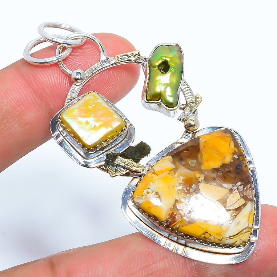 Brecciated Mookaite & Biwa Pearl 925 Sterling Silver Pendant, Handmade Pendant, Trillion Pendant, Yellow Pendant, Unique Silver Pendant, Fine Pendant, Silver Jewelry Pendant