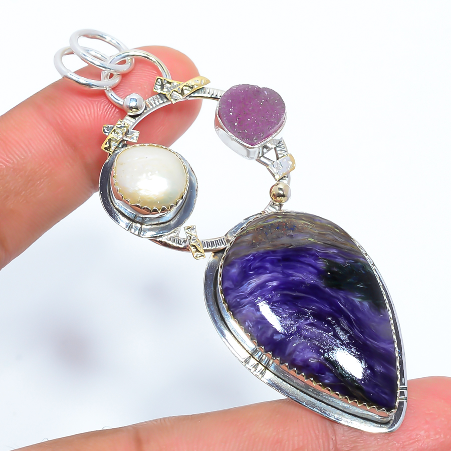 Charoite & Pearl 925 Sterling Silver Pendant, Handmade Pendant, Pear Pendant, Purple Pendant, Unique Silver Pendant, Fine Pendant, Silver Jewelry Pendant