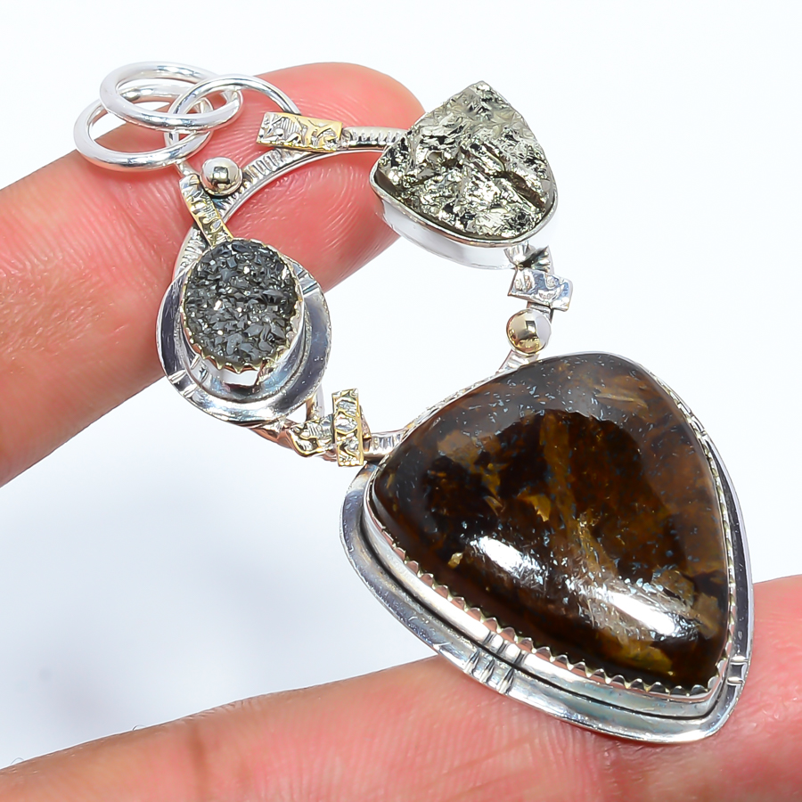 Bronzite Jasper & Pyrite 925 Sterling Silver Pendant, Handmade Pendant, Trillion Pendant, Brown Pendant, Unique Silver Pendant, Fine Pendant, Silver Jewelry Pendant