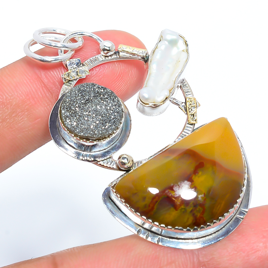 Mookaite & Agate Drusy 925 Sterling Silver Pendant, Handmade Pendant, Oval Pendant, Red Pendant, Unique Silver Pendant, Fine Pendant, Silver Jewelry Pendant
