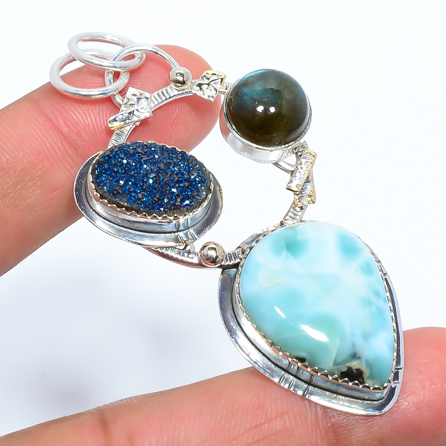Larimar & Titanium Agate Drusy 925 Sterling Silver Pendant, Handmade Pendant, Pear Pendant, Blue Pendant, Unique Silver Pendant, Fine Pendant, Silver Jewelry Pendant