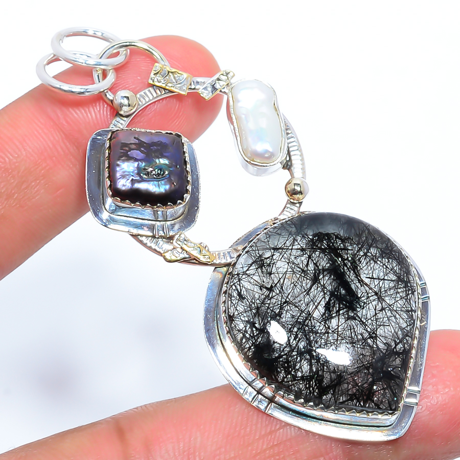 Black Rutilated Quartz & Biwa Pearl 925 Sterling Silver Pendant, Handmade Pendant, Pear Pendant, Black Pendant, Unique Silver Pendant, Fine Pendant, Silver Jewelry Pendant