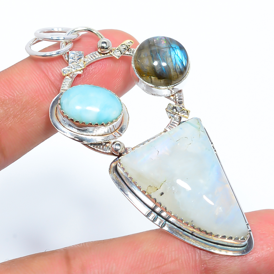 Moonstone & Larimar 925 Sterling Silver Pendant, Handmade Pendant, Trillion Pendant, White Pendant, Unique Silver Pendant, Fine Pendant, Silver Jewelry Pendant