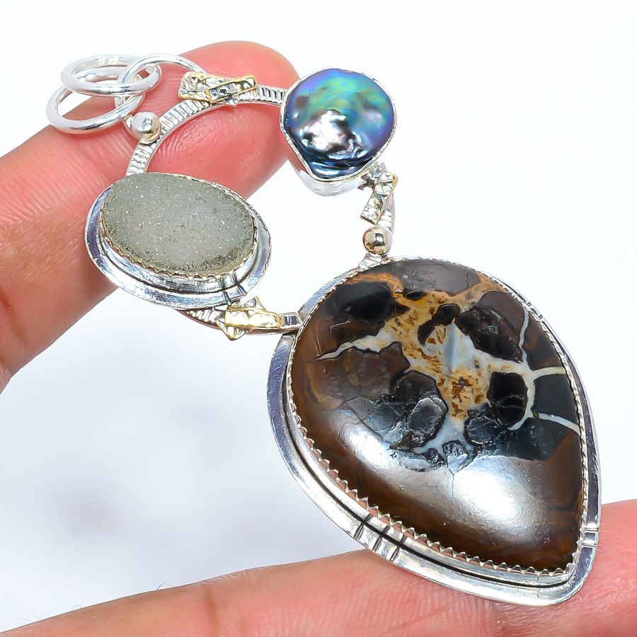 Septerian Stone & Agate Drusy 925 Sterling Silver Pendant, Handmade Pendant, Pear Pendant, Brown Pendant, Unique Silver Pendant, Fine Pendant, Silver Jewelry Pendant