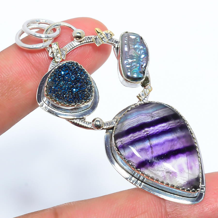 Fluorite & Titanium Agate Drusy 925 Sterling Silver Pendant, Handmade Pendant, Pear Pendant, Purple Pendant, Unique Silver Pendant, Fine Pendant, Silver Jewelry Pendant